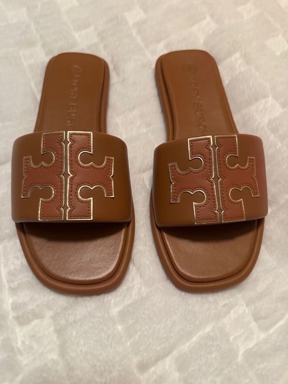 Tory Burch Brown and Cognac Leather Logo Slide Sandals